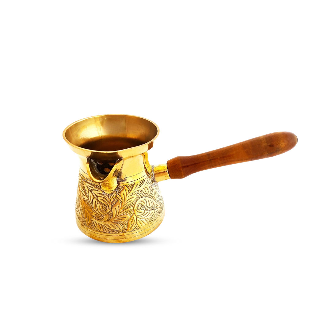 Brass Turkish Kettle Mug with wooden Handle, Coffee tea Mug Pourer, Leaf Design - 350 ML